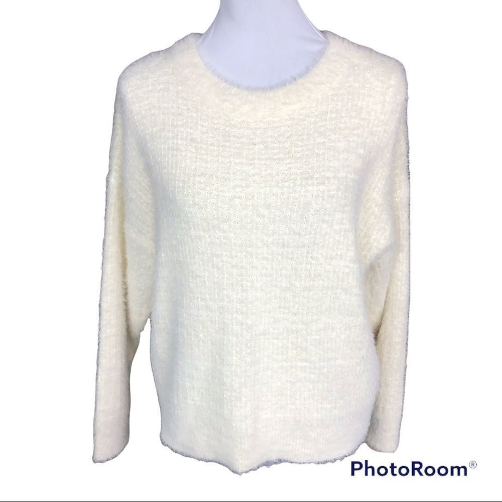 FRNCH Sweater Ivory with Gold toned Threading Crew Neck Soft Eyelash Knit S/M